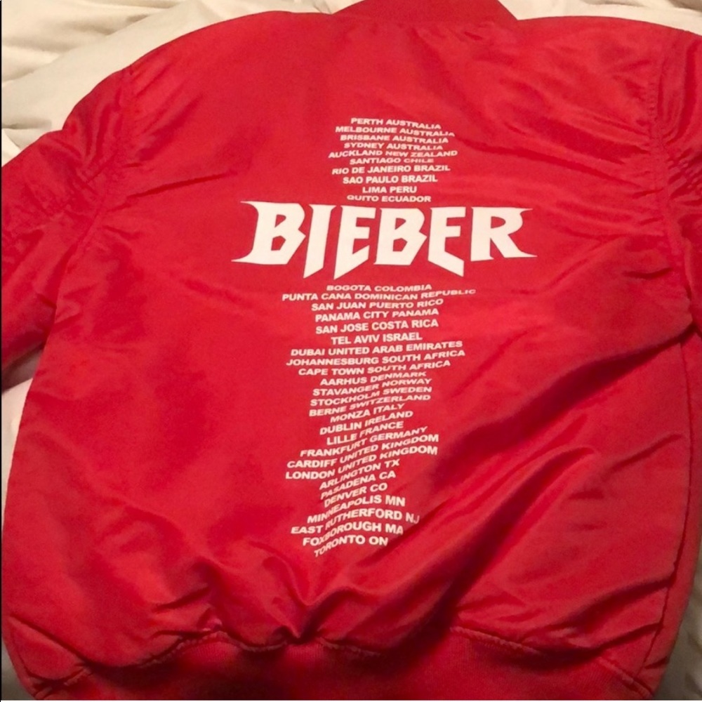 Justin Bieber purpose Tour red bomber jacket